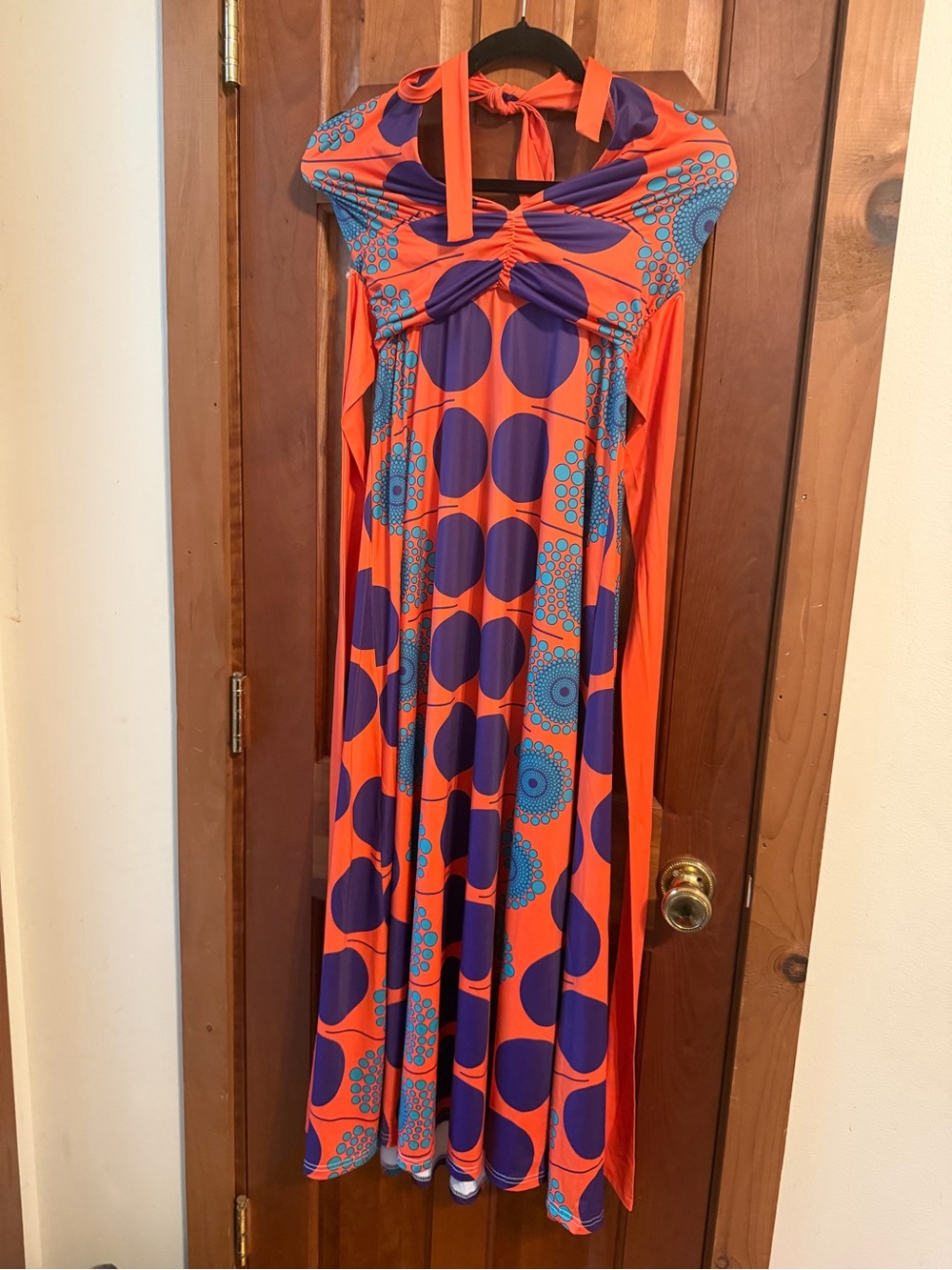 Orange and Purple Polka-Print Halter Maxi Dress